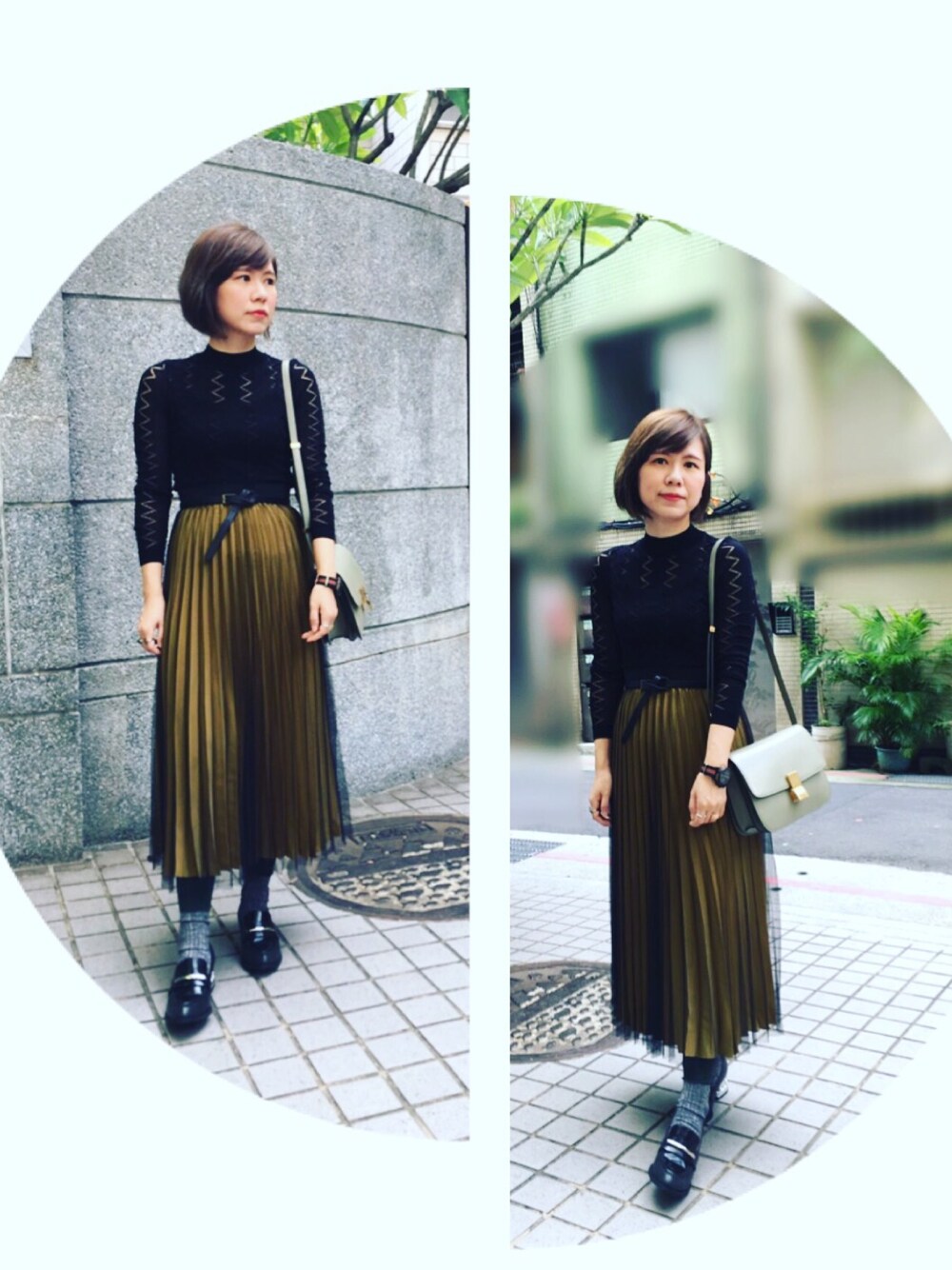 「CELINEのアイテム（ショルダーバッグ、グリーン系）」を使った、Karineさん（レディース・157cm）の秋コーディネートの1枚目の写真