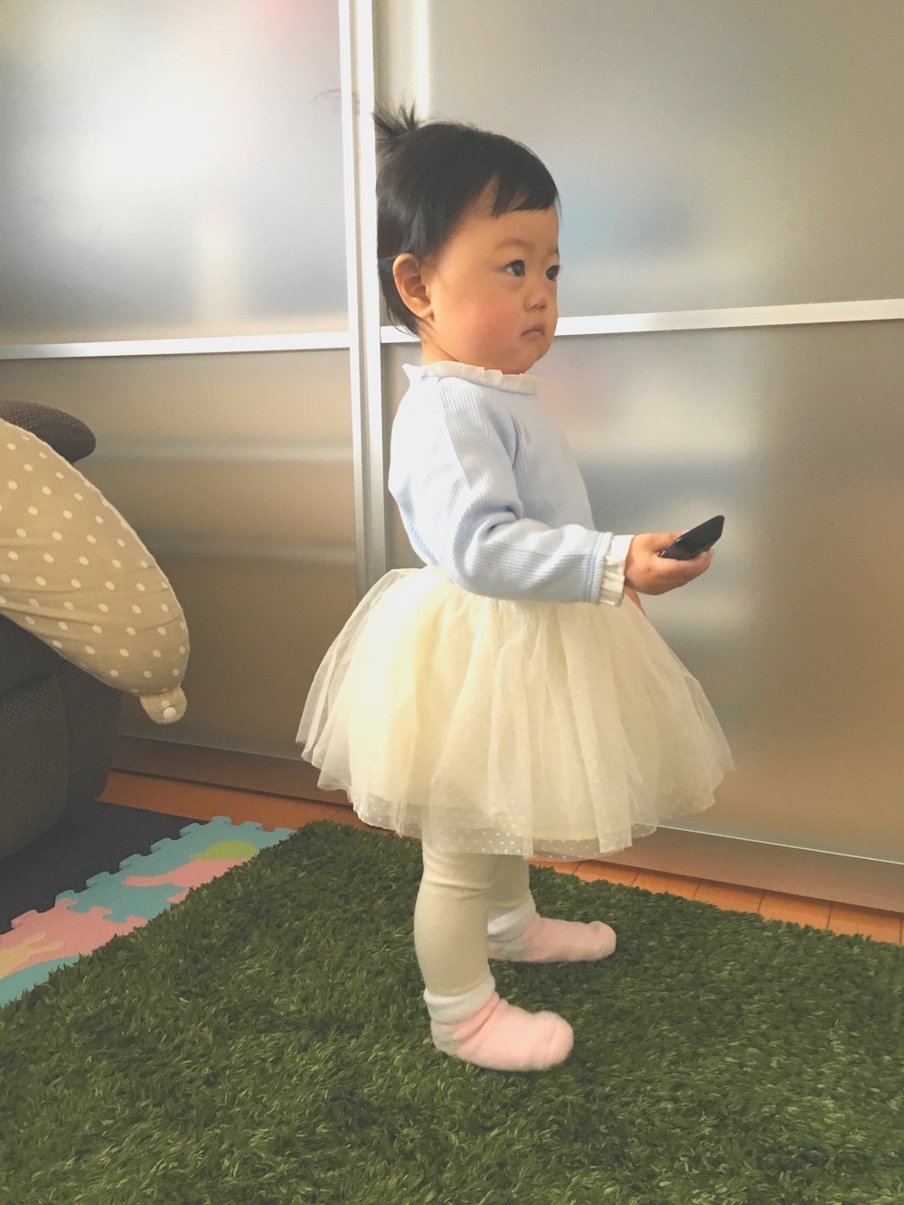 「アイスクリーム、あいすくりぃむからー、キッズファッション、シンプルコーデ、kids、パステルカラー、1歳、1歳4ヶ月」｜「petit mainのアイテム（トップス、ブルー系）」を使った、HONO❤︎さん（キッズ・80cm）の冬コーディネートの1枚目の写真