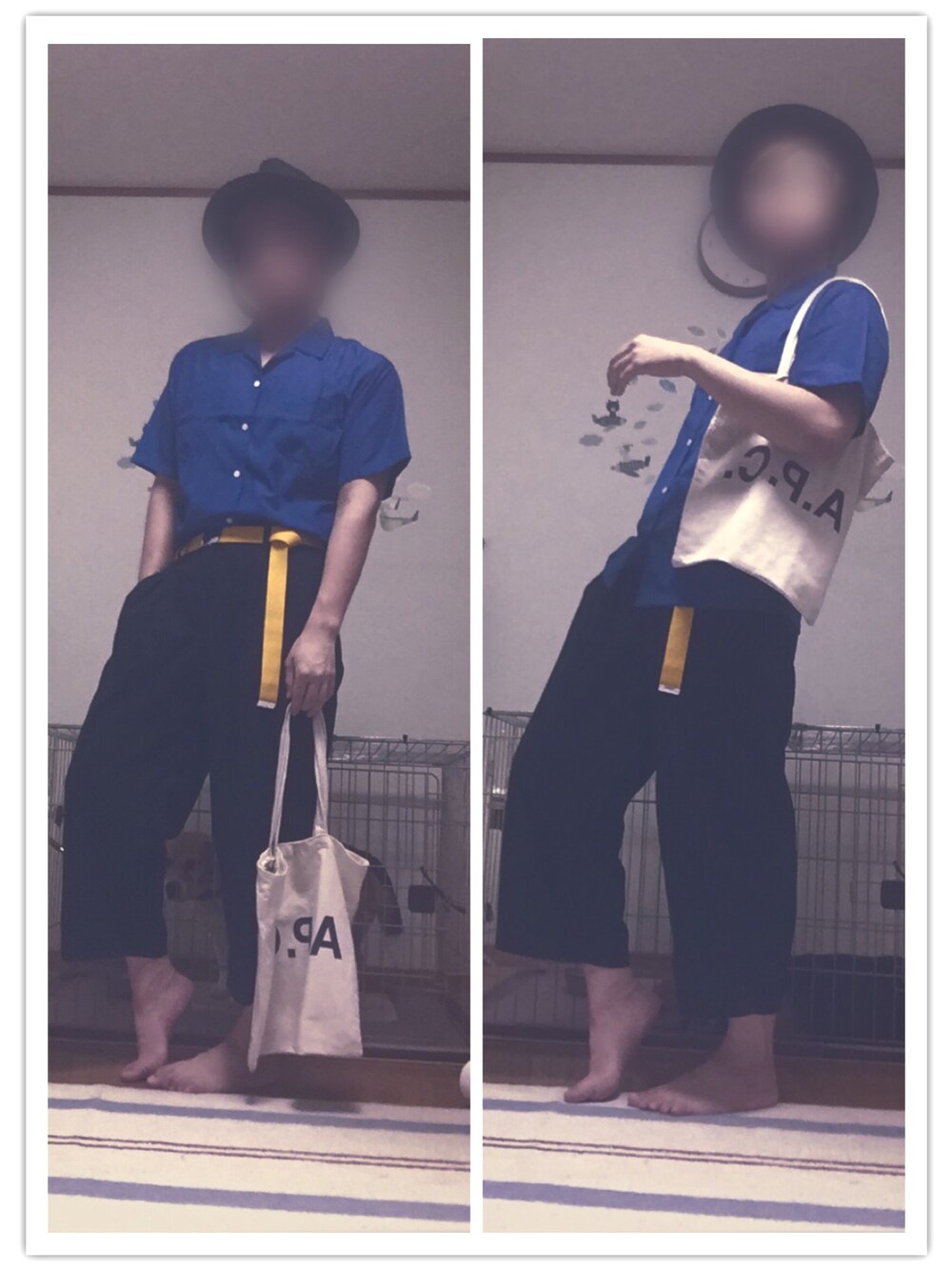 ブルー系のシャツ/ブラウス、ブラック系のスラックス、ベージュ系のトートバッグを着用したメンズの夏コーディネートの1枚目の写真