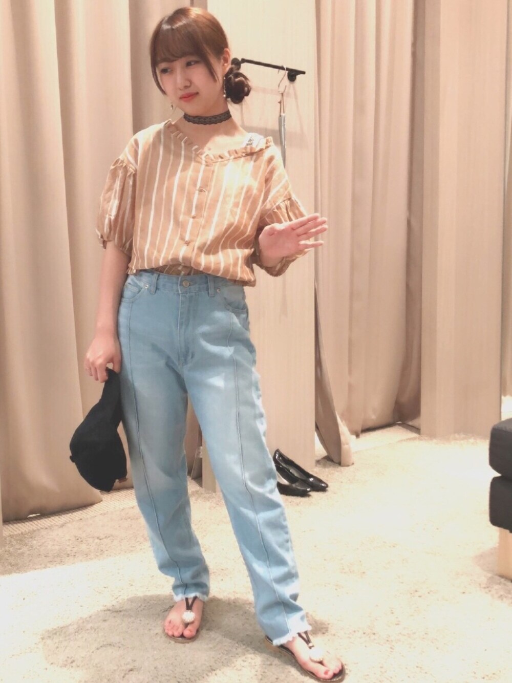 「デニム、ストライプ、夏コーデ、GGD、GRANDGLOBAL、HVC、キャップ」｜「hvc femmeのアイテム（デニムパンツ、ブルー系）」を使った、HVC船橋店さん（レディース・147cm）の夏コーディネートの1枚目の写真