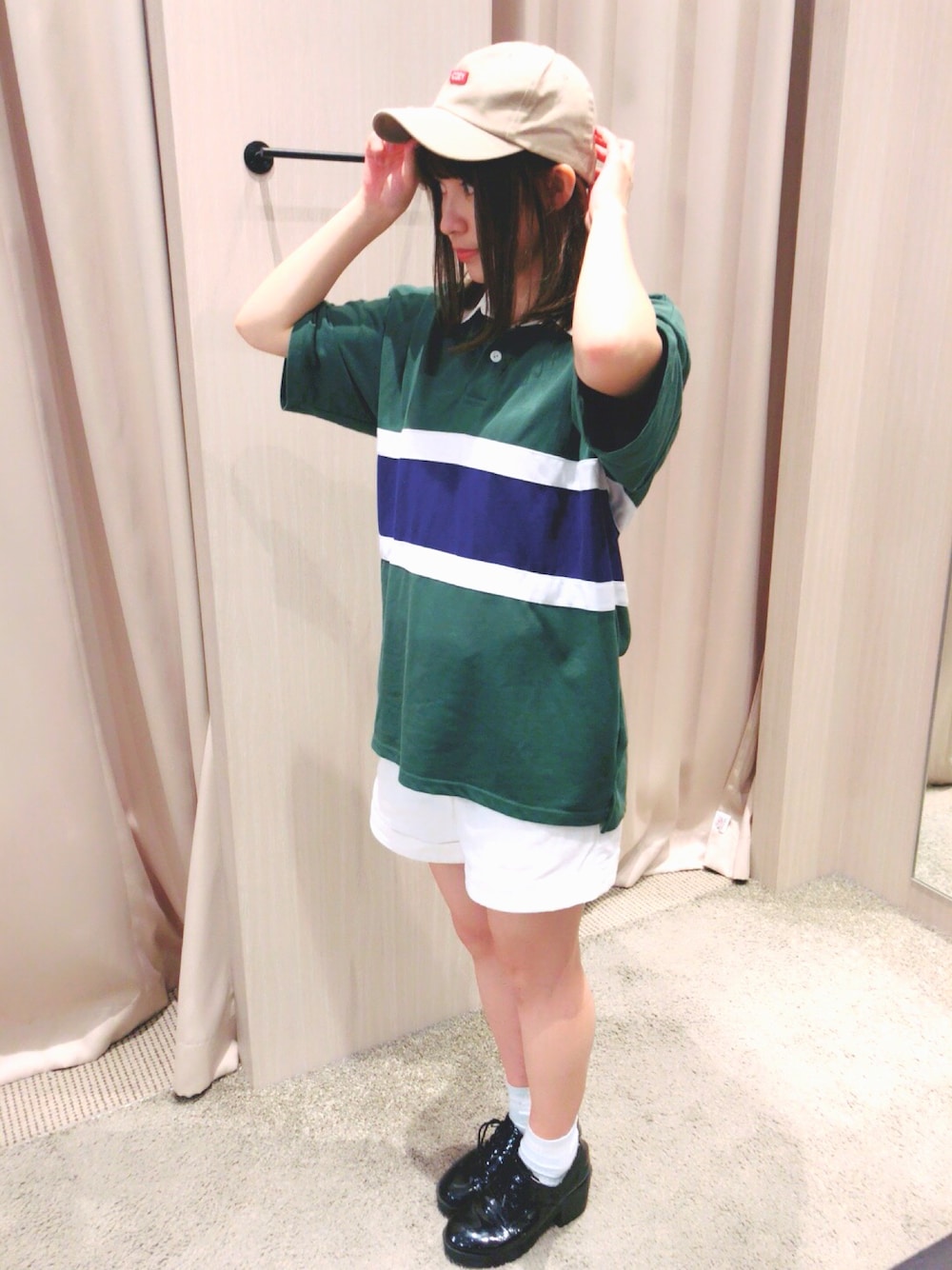 「夏コーデ、キャップ女子、キャップ、ラガーシャツ、GGD、HVC、スポーツミックス、GRANDGLOBAL」｜「GGDのアイテム（ポロシャツ、グリーン系）」を使った、HVC船橋店さん（レディース・160cm）の夏コーディネートの1枚目の写真