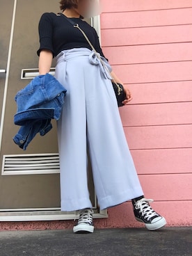 「サックスブルー」｜「アイテム（デニムジャケット）」を使った、kirariさん（レディース・148cm）の春コーディネート