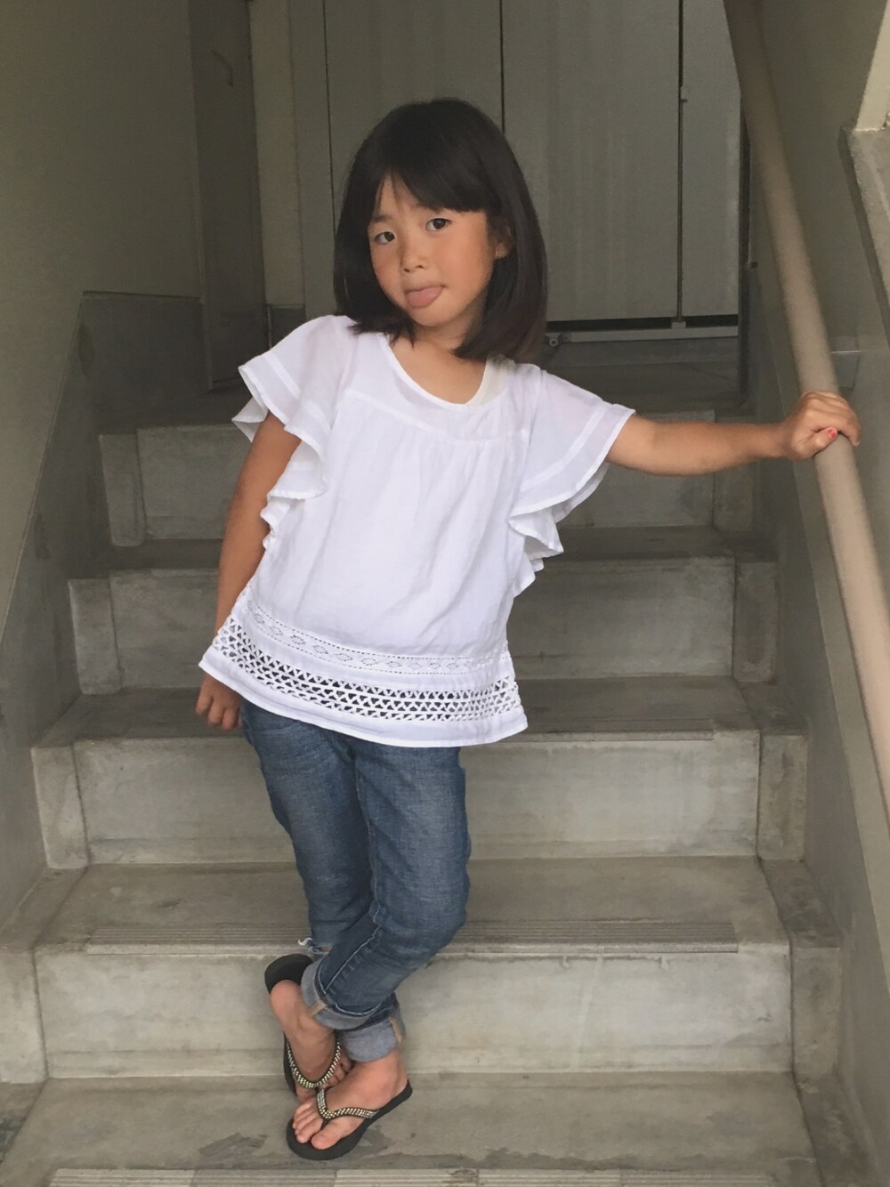 「6歳、キッズコーデ、りあコーデ、りあ、年長さん、女の子」｜「OLD NAVYのアイテム（シャツ/ブラウス、ホワイト系）」を使った、yu___☺︎さん（キッズ・110cm）の夏コーディネートの1枚目の写真