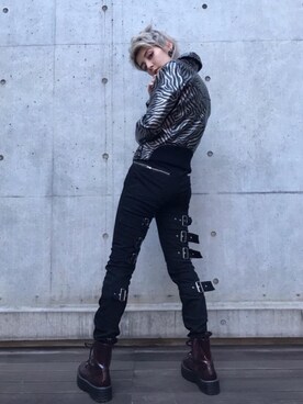 「アイテム（ライダースジャケット、シルバー系）」を使った、natalieさん（レディース・160cm）の秋コーディネート