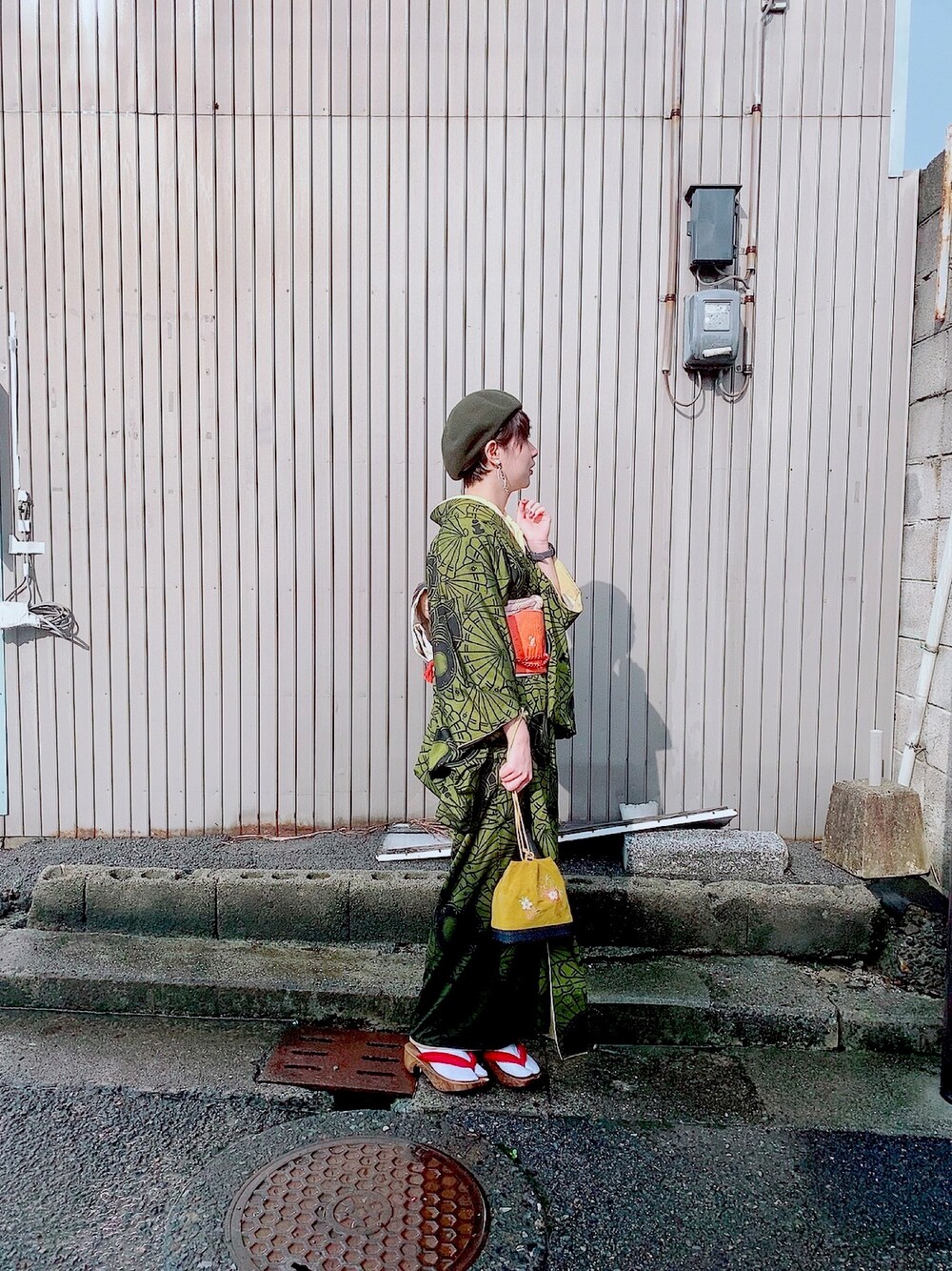 「着物レンタル」｜「レンタル着物のアイテム（着物、グリーン系）」を使った、やましさん（レディース・168cm）の秋コーディネートの1枚目の写真