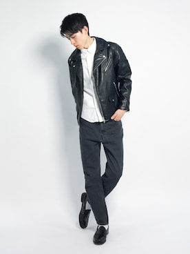 「L.H.P（エルエイチピー）のアイテム（ライダースジャケット）」を使った、Morikawa Yoshinoriさん（メンズ・176cm）の冬コーディネート