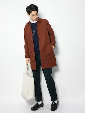 「MANUAL ALPHABET（マニュアル アルファベット）のアイテム（ステンカラーコート）」を使った、Morikawa Yoshinoriさん（メンズ・176cm）の冬コーディネート
