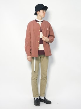 「アイテム（カバーオール、レッド系）」を使った、Morikawa Yoshinoriさん（メンズ・176cm）の冬コーディネート