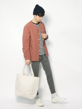 「アイテム（カバーオール、レッド系）」を使った、Morikawa Yoshinoriさん（メンズ・176cm）の冬コーディネート