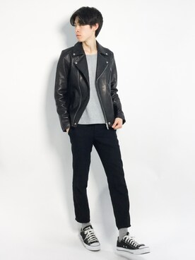 「ダブルジャケット」｜「アイテム（ライダースジャケット）」を使った、Morikawa Yoshinoriさん（メンズ・176cm）の春コーディネート