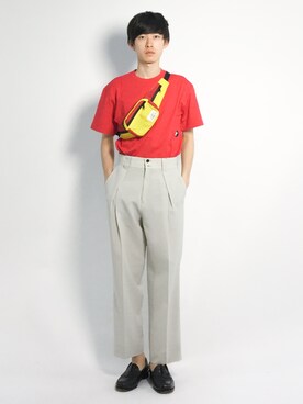 「アイテム（ボディバッグ/ウエストポーチ、イエロー系）」を使った、Morikawa Yoshinoriさん（メンズ・176cm）の春コーディネート