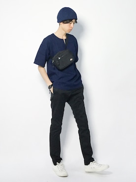 「スキッパーシャツ」｜「アイテム（ハンチング/ベレー帽）」を使った、Morikawa Yoshinoriさん（メンズ・176cm）の夏コーディネート