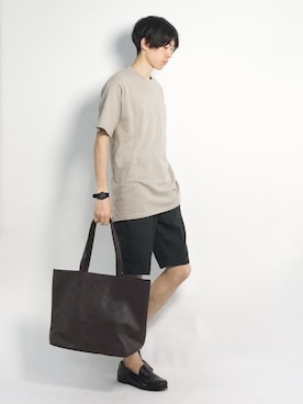 「L.H.P（エルエイチピー）のアイテム（トートバッグ）」を使った、Morikawa Yoshinoriさん（メンズ・176cm）の夏コーディネート