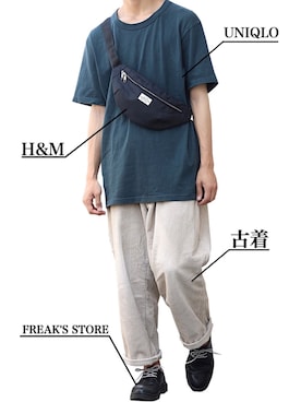 「H&M（エイチ・アンド・エム）のアイテム（ボディバッグ/ウエストポーチ）」を使った、yoyo＊yoさん（メンズ・174cm）の夏コーディネート