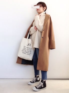 「白ニット」｜「アイテム（ピーコート）」を使った、SACHIさん（レディース・150cm）の冬コーディネート