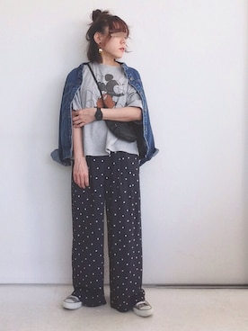「ドットパンツ」｜「アイテム（デニムジャケット）」を使った、SACHIさん（レディース・150cm）の春コーディネート