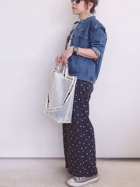 「ドットパンツ」｜「アイテム（デニムジャケット）」を使った、SACHIさん（レディース・150cm）の春コーディネート