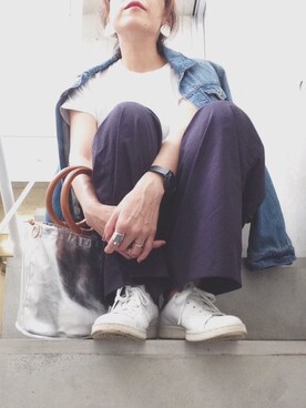 「ADAM ET ROPE'（アダムエロペ）のクリアバケツ巾着バッグ（ハンドバッグ）」を使った、SACHIさん（レディース・150cm）の夏コーディネート
