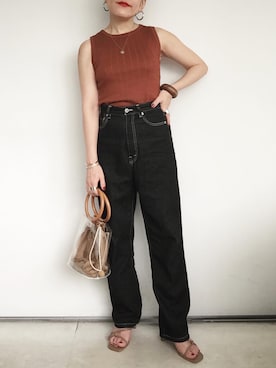 「ADAM ET ROPE'（アダムエロペ）のクリアバケツ巾着バッグ（ハンドバッグ）」を使った、SACHIさん（レディース・150cm）の夏コーディネート