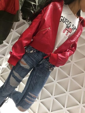 「Guess Jeans 」｜「アイテム（ライダースジャケット）」を使った、GUESS JAPANさん（レディース・164cm）の秋コーディネート