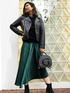 「バッグ」｜「アイテム（ライダースジャケット）」を使った、GUESS JAPANさん（レディース・160cm）の冬コーディネート