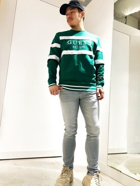 「Guess（ゲス）のアイテム（キャップ）」を使った、GUESS JAPANさん（メンズ・170cm）の冬コーディネート
