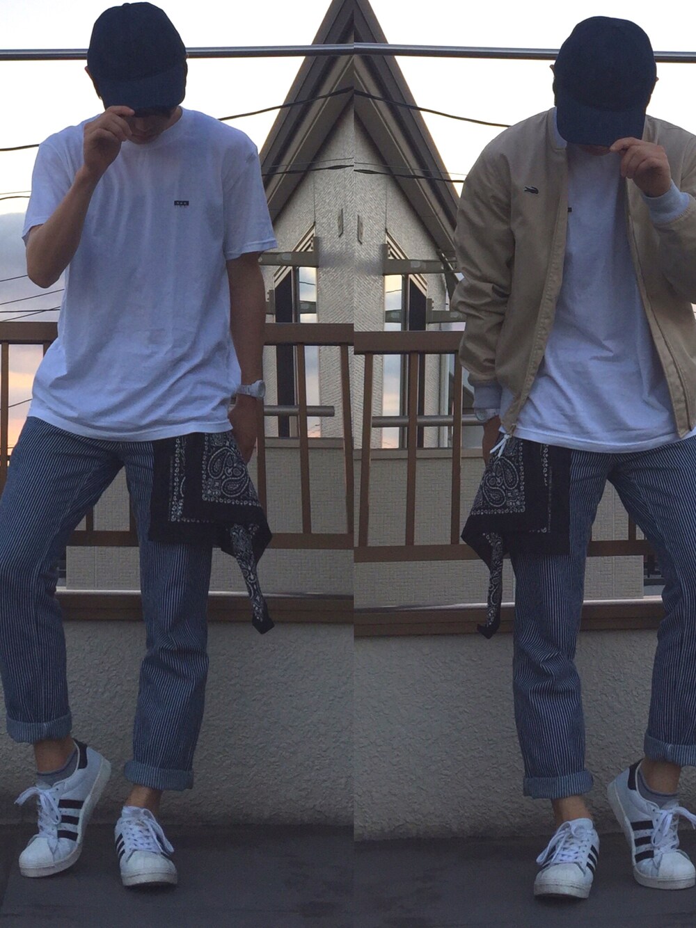 その他のデニムパンツ、ホワイト系のスニーカー、ホワイト系のTシャツ/カットソーを着用したメンズの春コーディネートの1枚目の写真