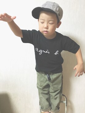 「FITH（フィス）のアイテム（キャップ、ブラック系）」を使った、YAMORIさん（キッズ）の夏コーディネート