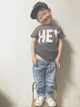 「GO TO HOLLYWOOD（ゴートゥーハリウッド）のアイテム（キャップ、ブラック系）」を使った、YAMORIさん（キッズ）の夏コーディネート