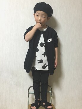 「GROOVY COLORS（グルービーカラーズ）のベレー帽（ハンチング/ベレー帽、ブラック系）」を使った、YAMORIさん（キッズ）の春コーディネート