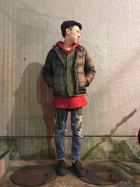 「SASQUATCHfabrix.（サスクワァッチファブリックス）のアイテム」を使った、テンチュー竹内健さん（メンズ・177cm）の冬コーディネート