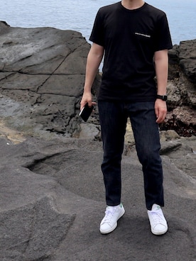「COMME des GARCONS SHIRT（コムデギャルソンシャツ）のアイテム（Tシャツ/カットソー、ブラック系）」を使った、myouさん（メンズ・171cm）の夏コーディネート