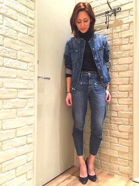 「ノーカラー」｜「アイテム（デニムジャケット）」を使った、kanaさん（レディース・172cm）の冬コーディネート