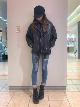 「バックプリント」｜「アイテム（ライダースジャケット）」を使った、kanaさん（レディース・172cm）の秋コーディネート