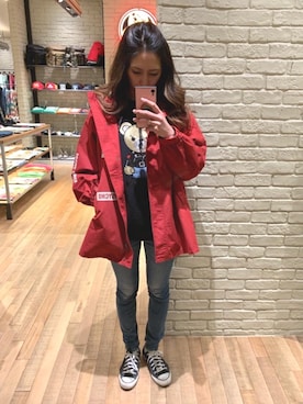 「アイテム（ミリタリージャケット、レッド系）」を使った、kanaさん（レディース・172cm）の冬コーディネート