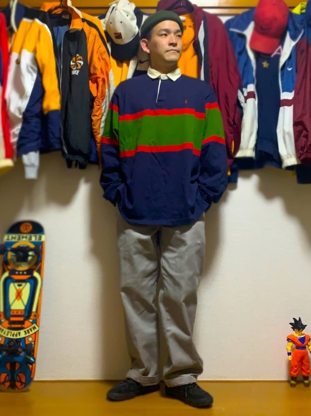 「古着、古着MIX、ポロラルフローレン、ラガーシャツ、ディッキーズ(Dickies)、ディッキーズ874、VANS、vans half cab、スケータースタイル、ビーニー」｜「no brandのアイテム（ニットキャップ/ビーニー、グリーン系）」を使った、Kosukeさん（メンズ・168cm）の秋コーディネートの1枚目の写真