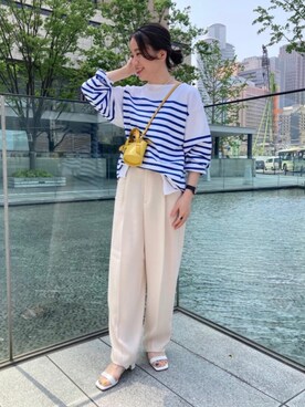 「ODETTE E ODILE（オデットエオディール）の【別注】ALMIRA Mini Bucket Bag（ショルダーバッグ、イエロー系）」を使った、橋本　オデット エ オディール スタッフさん（レディース・157cm）の春コーディネート