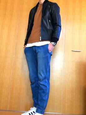 「FREAK'S STORE（フリークスストア）のアイテム（ライダースジャケット）」を使った、タナカさん（メンズ・182cm・20代）の秋コーディネート