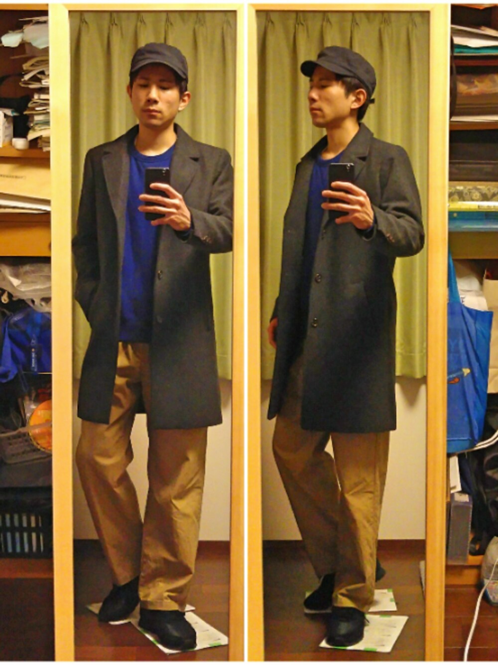 「冬、シンプル、カジュアル、チェスターコート、スウェット、ワイドパンツ、スニーカー、キャップ、H&M、UNIQLO」｜「H&Mのチェスターコート（チェスターコート、グレー系）」を使った、Katzさん（メンズ・178cm）の冬コーディネートの1枚目の写真