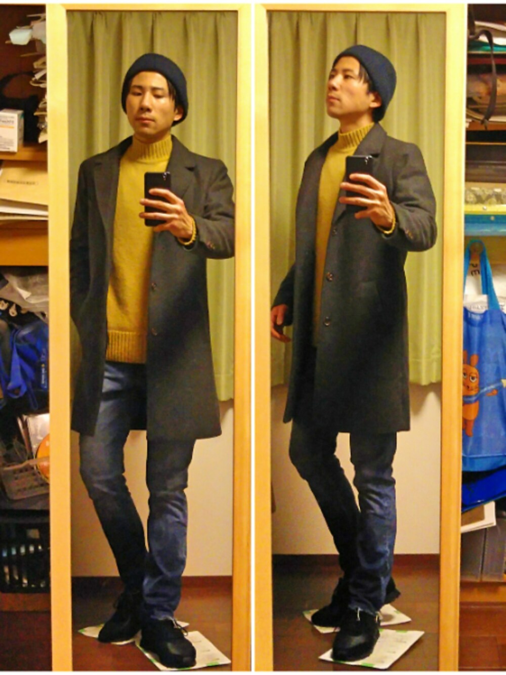 「冬、プチプラ、H&M、きれいめカジュアル、オトナカジュアル、チェスターコート、ニット、デニム、スニーカー、ニット帽」｜「H&Mのチェスターコート（チェスターコート、グレー系）」を使った、Katzさん（メンズ・178cm）の春コーディネートの1枚目の写真