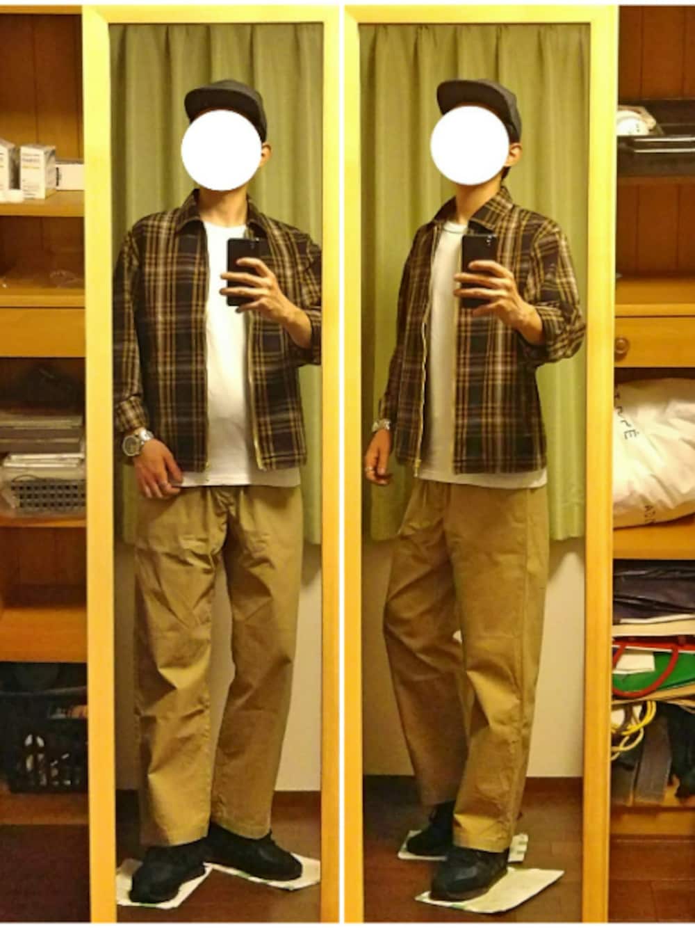 「秋服準備はじめました、秋のコーデ、カジュアル、ootd、デニム、チェック、Tシャツ、ワイドパンツ、スニーカー、キャップ」｜「JOURNAL STANDARD relumeのブリティッシュ グレンチェック ブルゾン #（ブルゾン、ブラウン系）」を使った、Katzさん（メンズ・178cm）の秋コーディネートの1枚目の写真