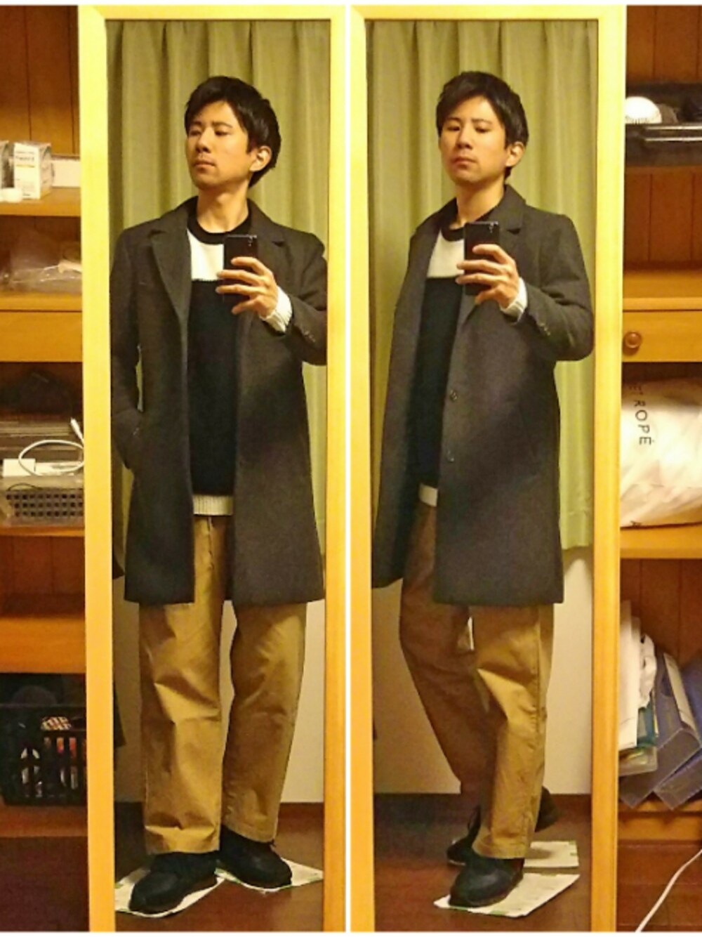 「秋のコーデ、カジュアル、大人カジュアル、秋、ロングコート、チェスターコート、ニット、ワイドパンツ、スニーカー、H&M」｜「H&Mのチェスターコート（チェスターコート、グレー系）」を使った、Katzさん（メンズ・178cm）の秋コーディネートの1枚目の写真