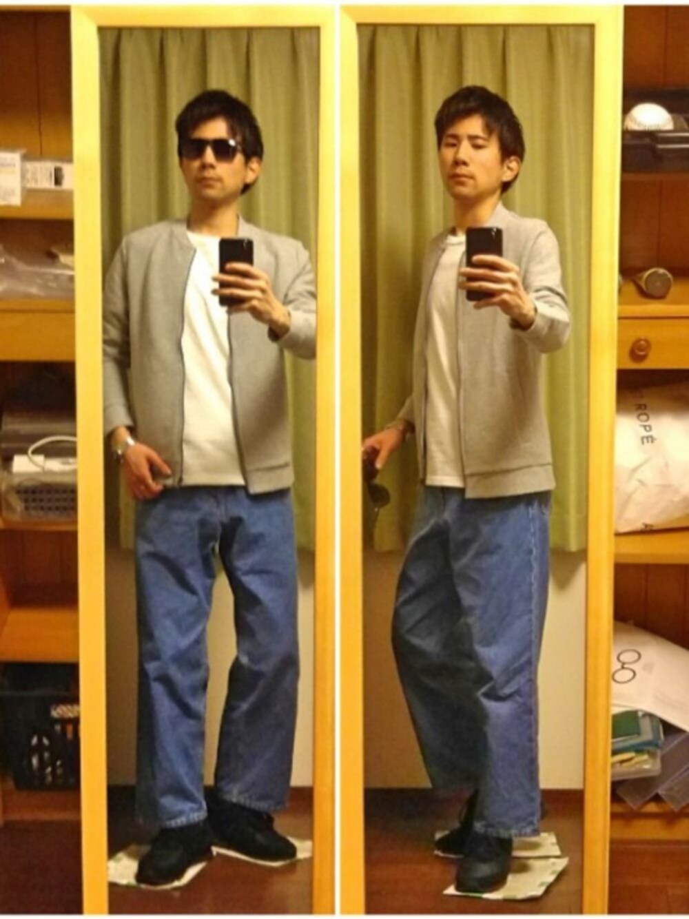 「春コーデ、カジュアル、シンプル、デニム、H&M、カーディガン、Tシャツ、ワイドパンツ、スニーカー、サングラス」｜「H&Mのジップアップカーディガン（カーディガン/ボレロ、グレー系）」を使った、Katzさん（メンズ・178cm）の冬コーディネートの1枚目の写真