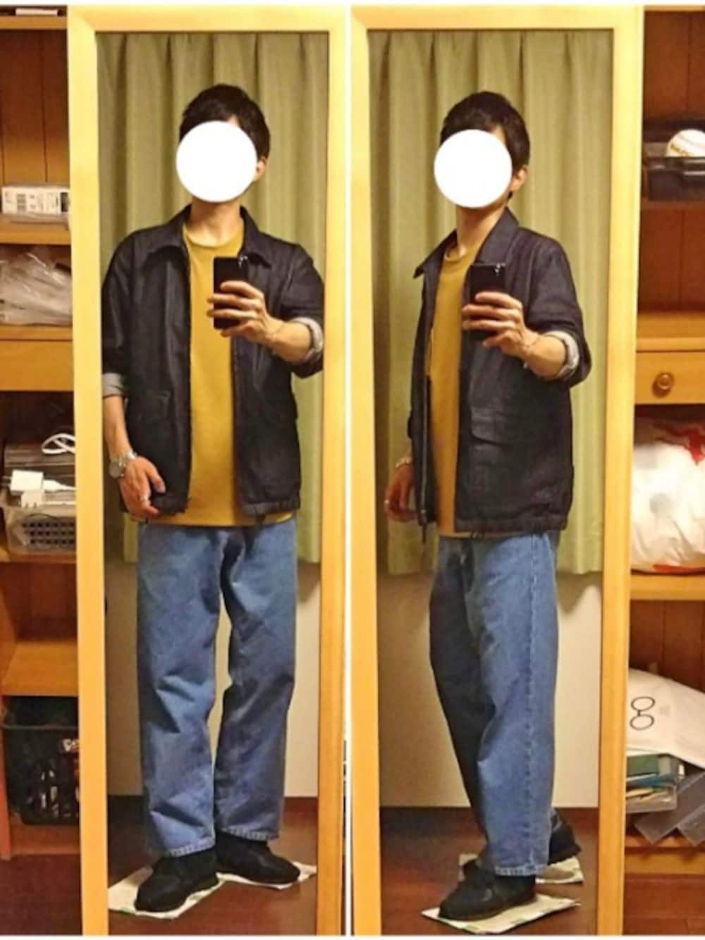 「秋コーデ、カジュアル、ラフ、デニム、ブルー、ブルゾン、Tシャツ、ワイドパンツ、スニーカー」｜「URBAN RESEARCH Sonny Labelのコーンデニムスイングトップ（ブルゾン、ブルー系）」を使った、Katzさん（メンズ・178cm）の秋コーディネートの1枚目の写真