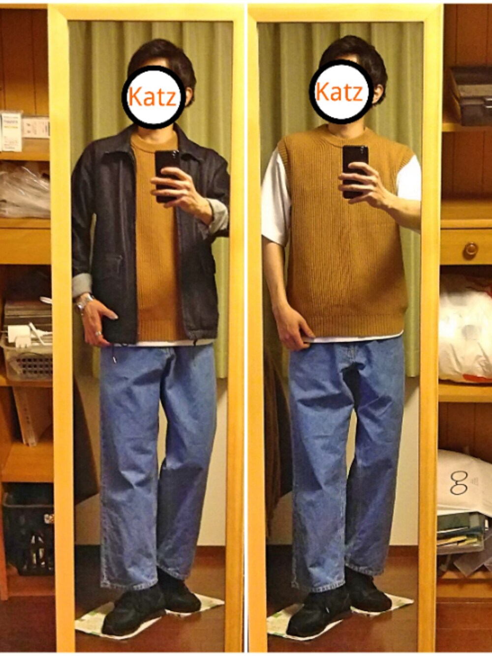 「おしゃれさんと繋がりたい、カジュアル、カジュアルコーデ、春コーデ、デニム、ニット、Tシャツ、ワイドパンツ、スニーカー」｜「URBAN RESEARCH Sonny Labelのコーンデニムスイングトップ（ブルゾン、ブルー系）」を使った、Katzさん（メンズ・178cm）の冬コーディネートの1枚目の写真