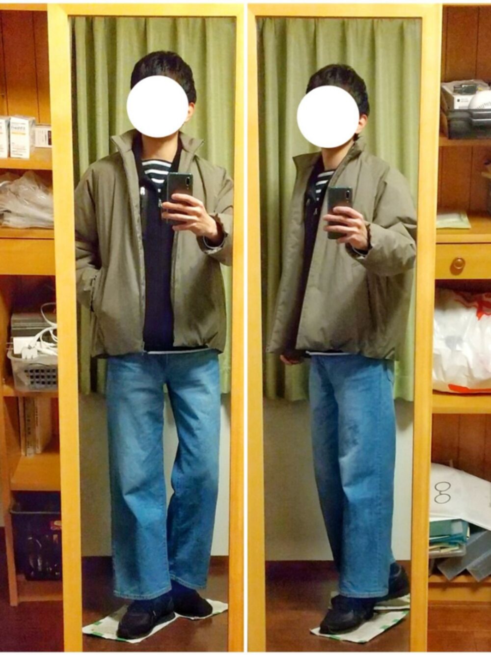 「冬コーデ、カジュアル、私の推しブランド、おしゃれさんと繋がりたい、JOURNAL STANDARD relume、ダウンジャケット、ボア、ボーダー、デニム、ワイドパンツ」｜「green label relaxingのCM 撥水 TC 中わた ブルゾン ＜ 機能性生地 ＞（ブルゾン、グリーン系）」を使った、Katzさん（メンズ・179cm）の冬コーディネートの1枚目の写真