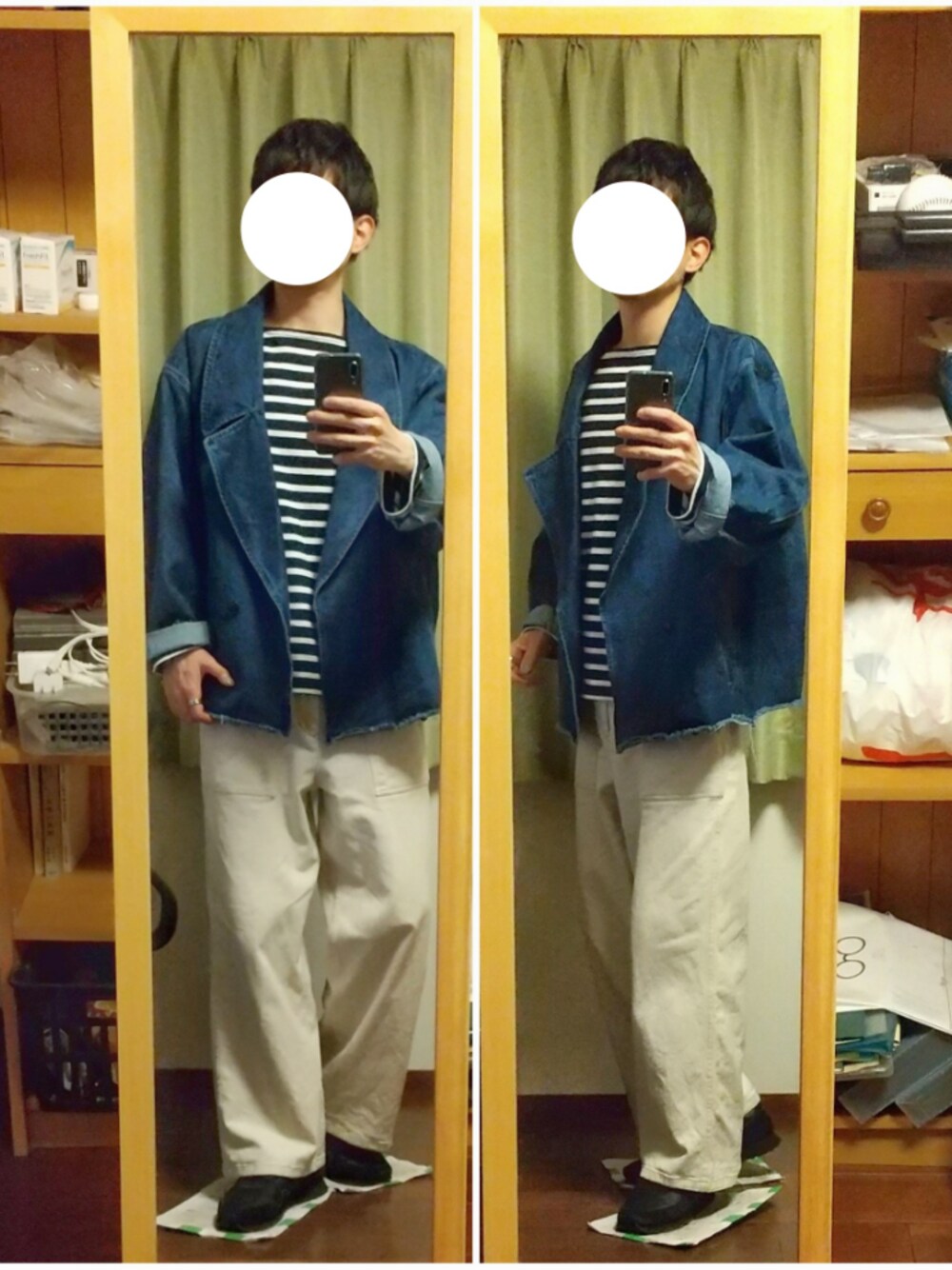 「春、大人カジュアル、デニム、ボーダー、ワイドパンツ、スニーカー、Tシャツ、ビッグシルエット、おしゃれさんと繋がりたい」｜「shiki tokyoのOVERSIZED SHORT DENIM BLOUSON / オーバーサイズショートデニムブルゾン（ブルゾン、ブルー系）」を使った、Katzさん（メンズ・179cm）の冬コーディネートの1枚目の写真