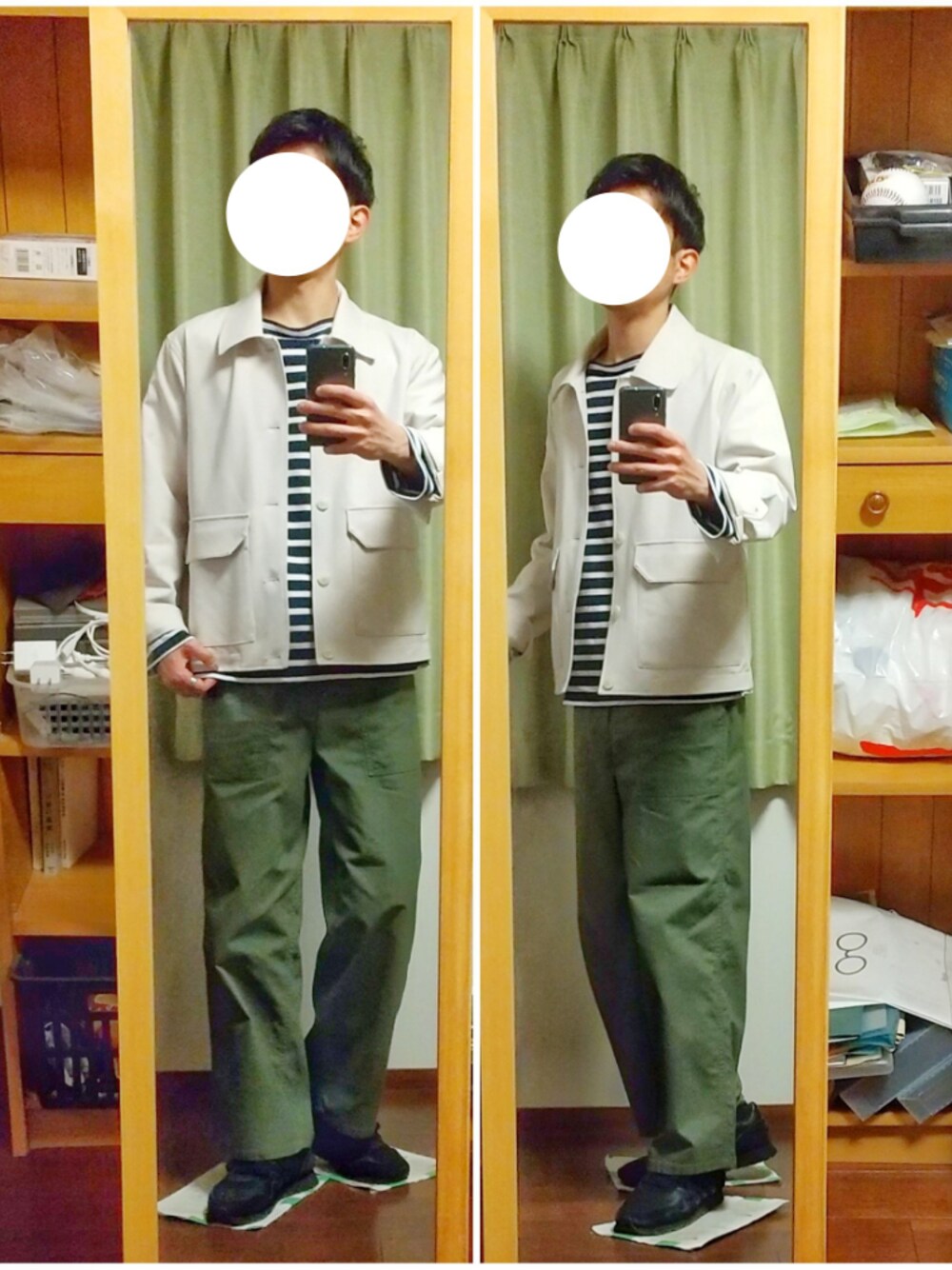 「春、大人カジュアル、きれいめカジュアル、おしゃれさんと繋がりたい、ブルゾン、ボーダー、Tシャツ、ワイドパンツ、カーキ、スニーカー」｜「GLOBAL WORKのミリタリー　ブルゾン/919605（ブルゾン、ホワイト系）」を使った、Katzさん（メンズ・179cm）の春コーディネートの1枚目の写真