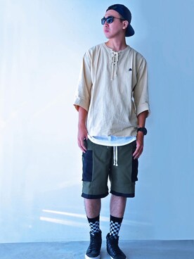 「fuct（ファクト）のアイテム（帽子）」を使った、Ryan さん（メンズ・185cm）の夏コーディネート