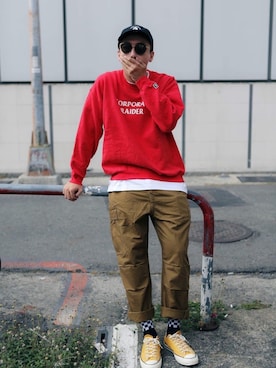 「AES（エーイーエス）のアイテム（帽子）」を使った、Ryan さん（メンズ・185cm）の秋コーディネート